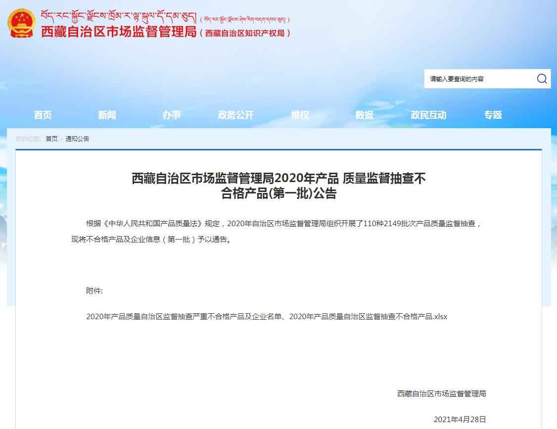 西藏自治区市场监管局公布2020年第一批质量监督抽查不合格产品名单